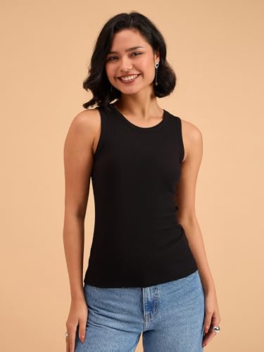 Image of barcino Beige Ribbed Round Neck Tank Top
