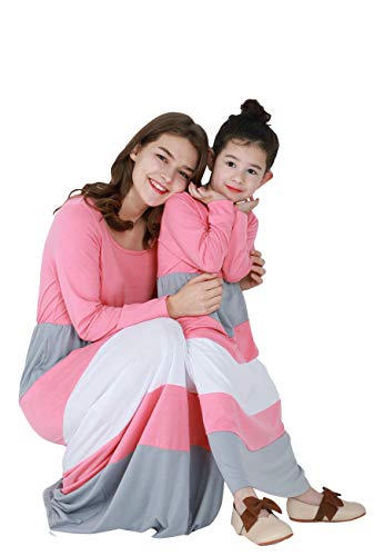 OMZIN Mom and Me Matching Maxi Dress Casual Crewneck Striped Chevron Maxi Dress2