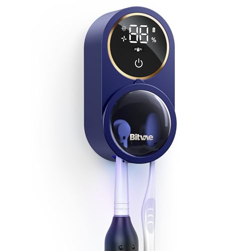 Bitvae Upgraded Tooth Brush Holder for Bathroom 2.0 Infrared Sensing Toothbrush Cleaner Wall-Mounted for Most Size Toothbrushes Air Drying LED Smart Screen Navy Blue