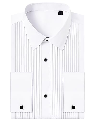 J.VER Tuxedo Shirts for Men French Cuff Dress Shirt with Metal Cufflinks Formal Business Pleated Shirt for Prom Wedding Party