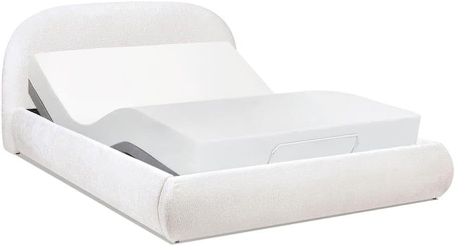 Pemberly Row Upholstered Platform Bed, Almond White Chenille Fabric, 71" Wx89.5 Dx38.5 H, Arch-Shaped Puffy Headboard, No Legs, Modern Minimalist Design, Durable Bedroom Frame for Mattress Support