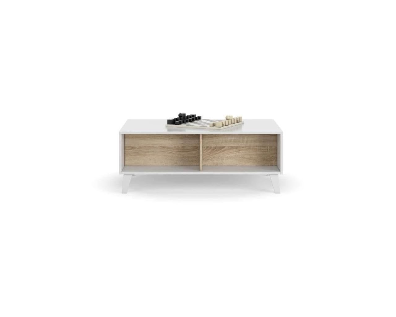 Habitdesign – Mesa de Centro Elevable para Salón o Comedor, Color Blanco Brillo y Roble Canadian, 100x68x38-48 cm - Modelo Zaiken Plus