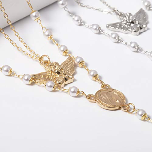 Kercisbeauty Gold Rosary Necklace with Angel Vrigin Mary Gold Cross Necklace for Women Ladies Layered Beads Necklace Jewelry4