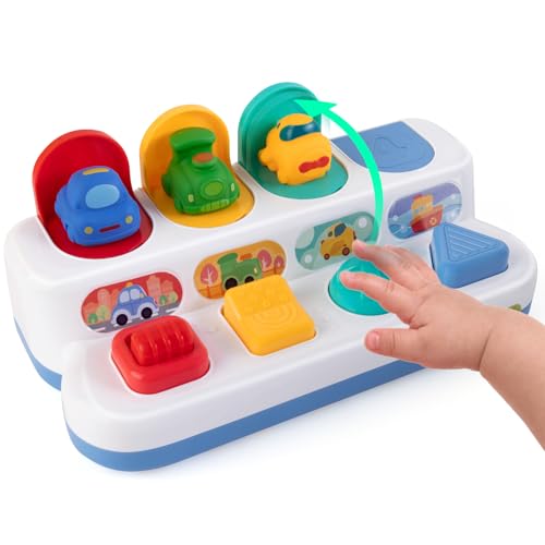 Tovol Zerky Montessori Ursache-Wirkung Spielzeug 12 Monate, Baby Druckknopf Pop-up Tier Spielzeug, Interaktive Sinnes Spielzeuge für Kleinkinder 1 2 3 (Transportfahrzeug)