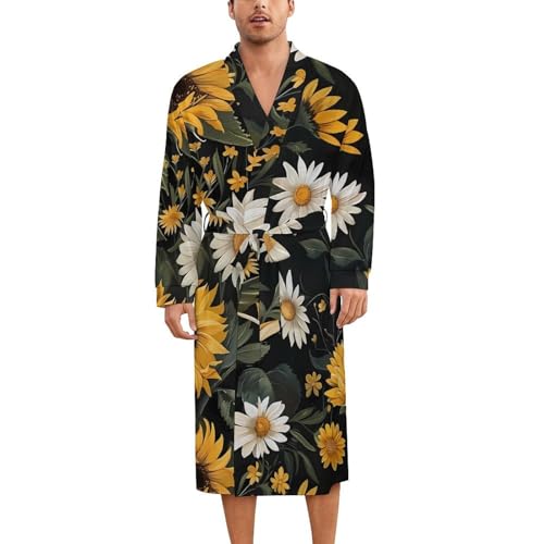 Sunflower And Daisy Flowers Soft Robe Long Sleeve Bathrobes V Neck Sleepwear Spa Robes with Belt Men Woman