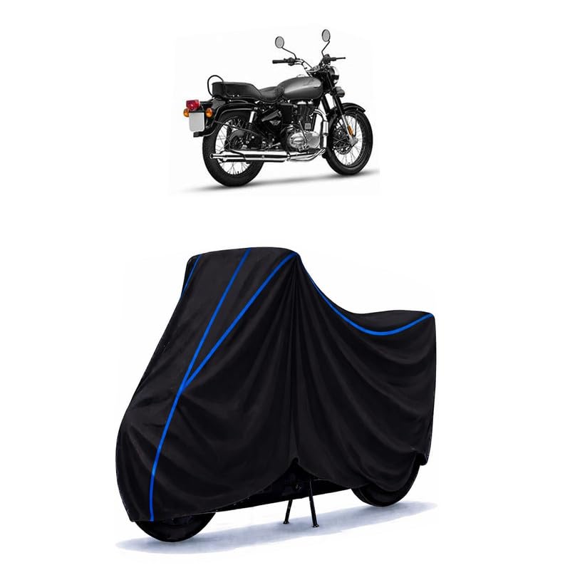 Image of Bullet 350 Mid Bike Cover Water Resistant Universal Motorcycle Rain | Heavy Duty UV Protection, Dust, Scratch Indoor Outdoor All Weather with Black Blue Piping Elastic