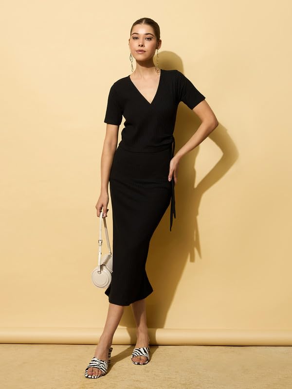 Image of barcino Black Rib Side Knot Bodycon Midi Dress