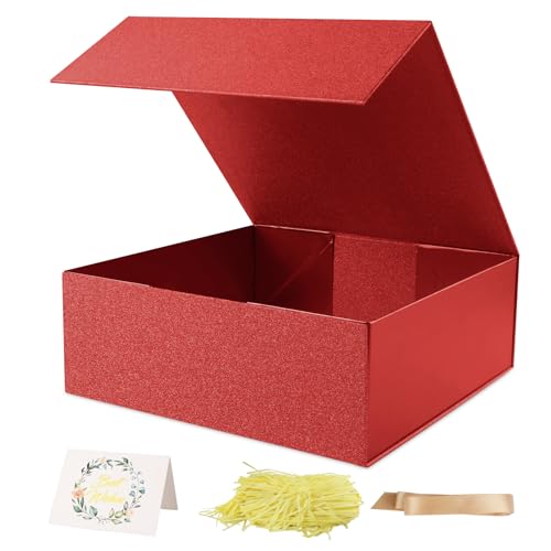 LumyHavver Gift Box 9.65x9.65x3.6 Inches Red with Magnetic Lid Collapsible with Ribbon Raffia Grass Card for Birthdays Christmas or Parties Gift Packaging