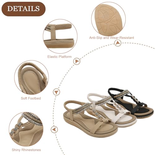Women's T-Strap Rhinestone Flat Sandals Comfortable Open Toe Elastic Ankle Strap Slip On Walking Sandals Summer Fashion Bohemian Beach Shoes4