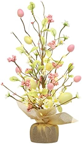 RoseCraft Easter Decorations, 18 Inch Pre-Lit Easter Egg Tree Tabletop Decor with Delicate Oranments, for Home Party Wedding Holiday Spring Summer Decoration - Gifts, Yellow/Pink.