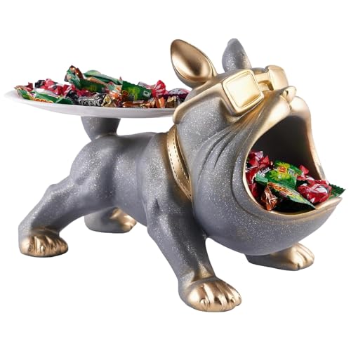 Image of Cool Bulldog Key Bowl & Accessory Tray - Matte Black & Gold Resin Dog Sculpture Multifunctional Organizer Showpiece for Keys Watches & Candy (Grey with Sprinkles, Dog with Tail Plate)