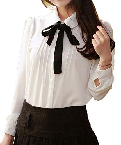 An.Shulla ボウタイ付 カッターシャツ タイ リボン ブラウス レディース ホワイト 学生服 オフィス 通勤 通学 トップス 清楚 (長袖オフホワイト, 3XL)