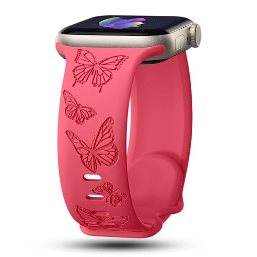 Image of Butterfly Engraved Bands Compatible with Apple Watch Band 41mm 40mm 38mm 49mm 46mm 49mm 46mm 45mm 44mm 42mm Women, Silicone Sport Strap for iWatch Series SE 10 9 8 7 6 5 4 3 2 1 SE Ultra