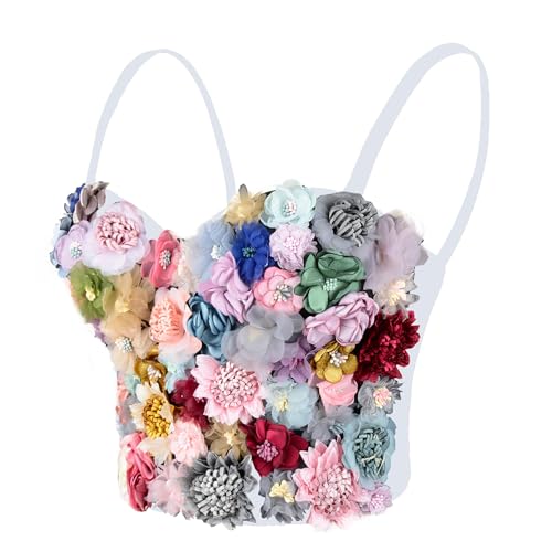 Magician’s Flower Bustier ELLACCI Women's 3D Floral Bustier Crop Top Sexy Corset Tops White