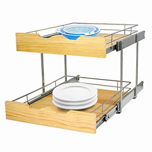Dindon 2 Tier Pull Out Cabinet Organizer (14" W X 21" D) Slide Out Wood Shelf Double Tier Kitchen Wire Basket With Chrome Finish… #TOP2