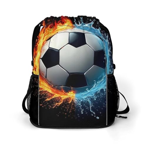 Pull String Sport Bag Easy to Storage, Waterproof Water And Fire Flame Soccer Football Drawstring Backpack for Outdoor Gym Travel Beach Hiking