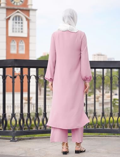 Image of IDOPIP Abaya Dress for Women Muslim Set Long Sleeve Chiffon Islamic Dress Shirt with Pants 2PCS Dubai Prayer Casual Clothes