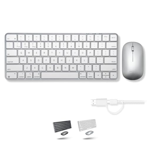 Macally Apple Wireless Keyboard and Mouse for Mac - Dual Mode (Bluetooth + Wired) - Multi-Device, Rechargeable - Mini Wireless Keyboard and Mouse Combo for MacBook, iPad, Mac mini/Air/Pro (Silver)