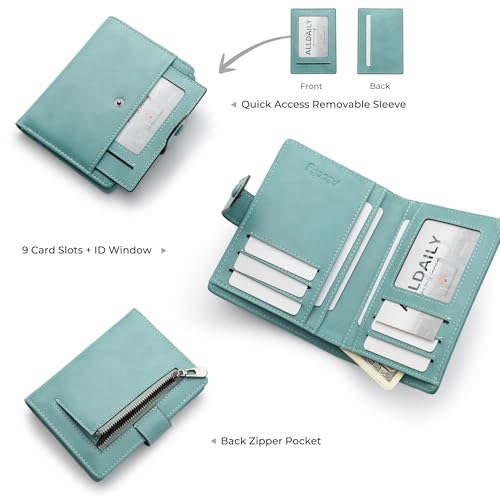 Image of Alldaily Small Slim RFID Blocking Leather Wallet for Women, Bifold with 10 Card Slots and Coin Pocket (Purist Blue)