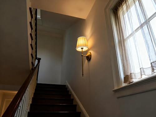 Image of Phansthy Hardwired Brass Boho Wall Sconces Set of 2, Vintage Industrial Wall Lights 2 Pack, Vanity Light Wall Lamps with Lace Gauze Shade for Bedroom Living Room Hallway Decor (Antique + Khaki Shade)