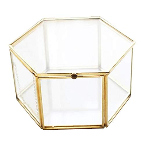 MICHAELA BLAKE Goldene Vintage-Schmuck Glaskasten, Geometric Aufbewahrungsbehälter Hexagonal transparente Fall für Ring-Ohrring-Blumen-Lagerung Cover