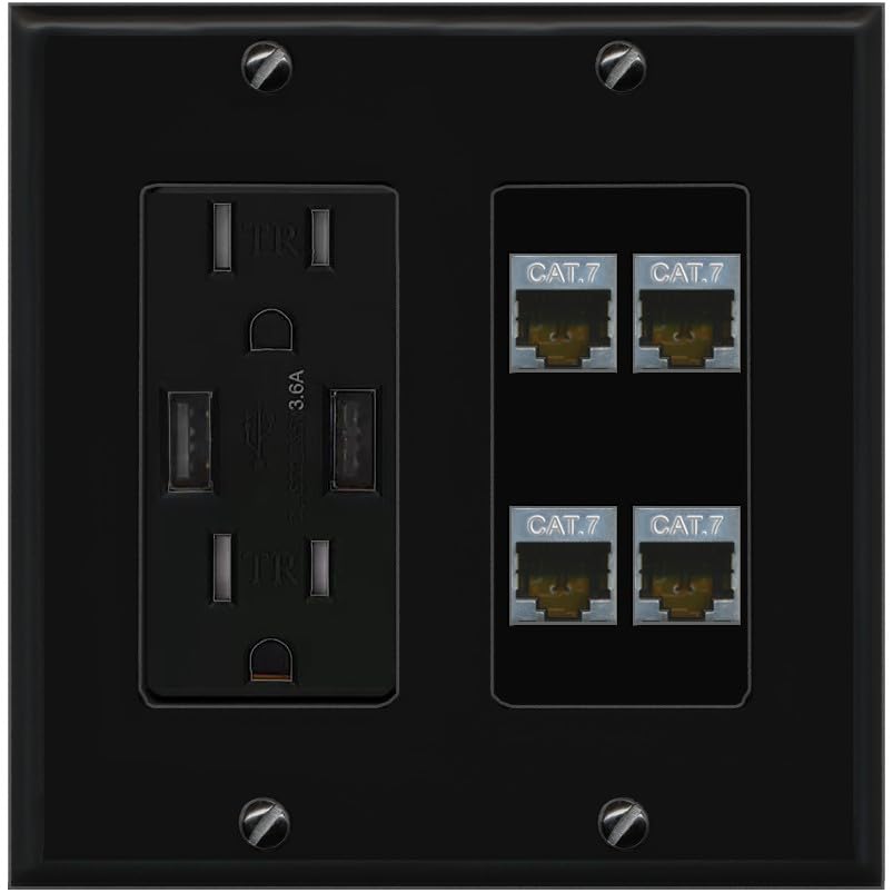 RiteAV 4 Port Cat7 Shielded Ethernet Wall Plate - USB Outlet [Black/Black]