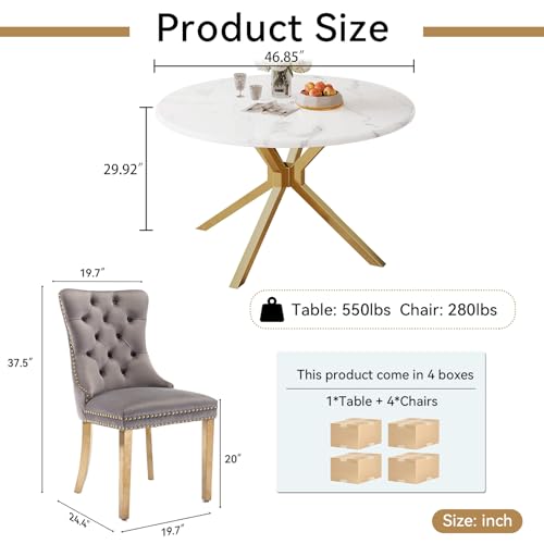Image of 5-Piece Round Dining Table Set for 4, Luxury Faux Marble Kitchen Table Set for 4 with Grey Velvet Chairs, 45 inch Circle Dining Room Tables with White Marble Top and Gold Stainless Steel Cross Legs