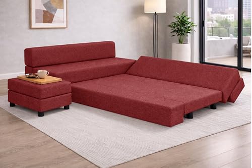 Image of Rosebell 3+2 Convertible Leg Sofa Cum Bed Set with Ottoman - Foldable Modular Seating & Sleeper - Space Saving Living Room Furniture - Jute Fabric-Red