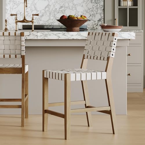 Image of Nathan James Cohen Mid Century Modern Bar Stool, Upholstered Faux Leather Counter Stool with Back and Solid Wood Legs, White