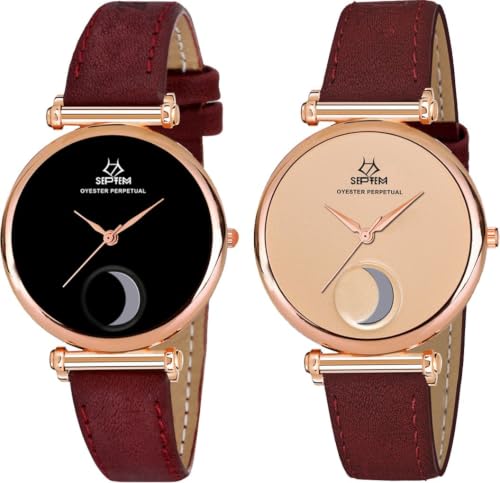 Image of Septem Adjustable Lieather Belt Stylish Dial Watch for Girls and Woman Analog Wrist Watch for Women (SP-303~Black-Septem PT)
