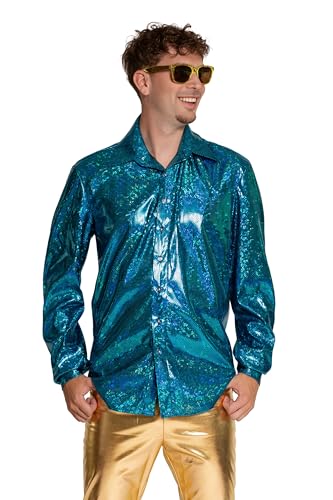 Partychimp Camisa Disco para Hombre años 70 Camisa Brillante metálica de Manga Larga Outfit de Carnaval Disfraz Disco Tallas S a 3XL (Turquesa, XL)