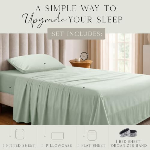 Image of KARISSA MAE Luxury Bamboo Viscose Twin Size Sheet Set | FSC Certified | Cooling | Ultra Soft | 18 inch Deep Pockets | Elastic Corner Straps | Includes Organizer Band [Sea Glass]