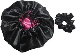 Genérico Touca de Cetim Dupla Face + Xuxinha de Cetim Preta com Pink - Acessório para Cabelo