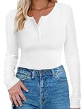 Long Sleeve Shirts for Women, Casual Solid Henley Tops Button Down Shirts, V Neck Blouses Basic Ribbed Knit T Shirts Tunic, Basic Fall Spring T-Shirts for Women for Cocktail Party Holiday (White,XL)