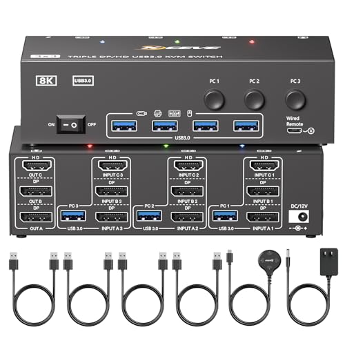 KVM Switch 3 Monitors 3 Computers 8K@60Hz 4K@144Hz, HDMI Dispalyport Triple Monitor KVM Switches with 4 USB3.0 Port for USB Devices, Support Extended/Mirror Mode, Wired Controller and USB3.0 Cables
