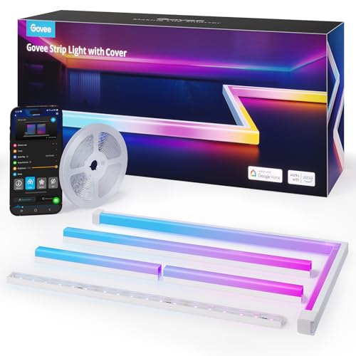 Govee RGBIC Striscia LED con Copertura, 5M LED Profilo con Luci Intelligenti Funzionano con Alexa e Google Assistant, Tagliabile e Collegabile, per Camera da Letto, Battiscopa, Studio, Mobiletto