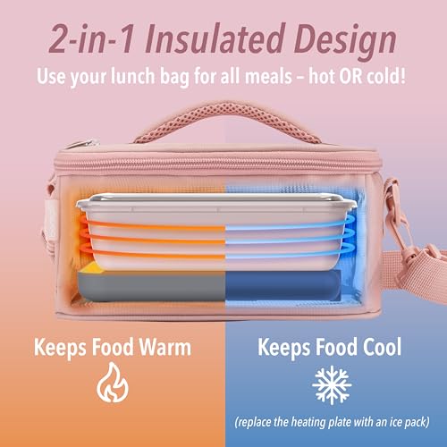 Bentgo Heat - Electric Lunch Bag & Food Warmer for Reheating Meals in Car, at Work & More - Heated Lunch Box Warmer for Adults, Students & Shift Workers, 12V/24V Auto & 120V Wall Cords (Blush)