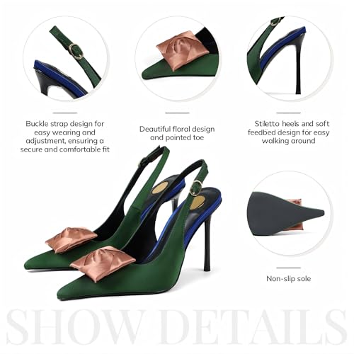 Image of Satin Slingback Pumps Women Floral Knot Pointed Toe Stiletto Heels