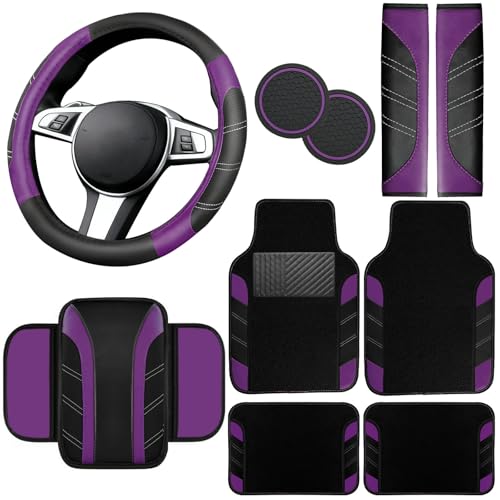 NBTEPEM 10 Pcs Purple Car Floor Mats Full Set & Sport Leather Purple Steering Wheel Cover 14.5-15 inch, Center Console Cover, Seat Belt Cushion, Cup Holder Coaster, Universal Automobile Interior Sets by NBTEPEM - Used condition - US$42.53