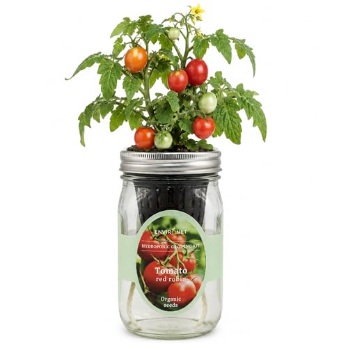 Environet Hydroponic Tomato Growing Kit, Self-Watering Mason Jar Tomato Garden Starter Kit Indoor, Grow Tomatoes from Organic Seeds (Red Robin Tomato)