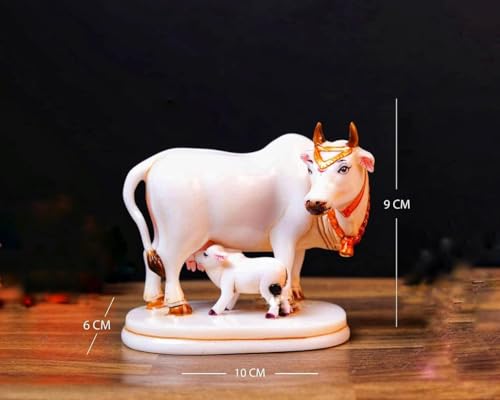 Image of Calf Statue in Marble Dust, 9CM Holy Cow. Idol, Showpiece for Home Decor, Handmade Divine Cow., Mother Cow.with Baby Calf, kamdhenu Gold