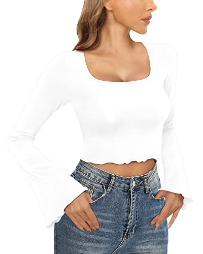 CLOZOZ Bell Sleeve Crop Tops for Women Square Neck Long Flare Sleeve Lettuce Trim Shirts Slim Fitted Sexy Casual Trendy Tops2