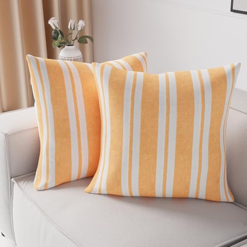 Image of Encasa XO Farmhouse Throw Pillow Covers Set of 2 (24x24 in) Franca Yellow Stripes | Decorative Cushion Covers No Inserts | Plaid and Stripes Pillow Covers for Living Room, Couch