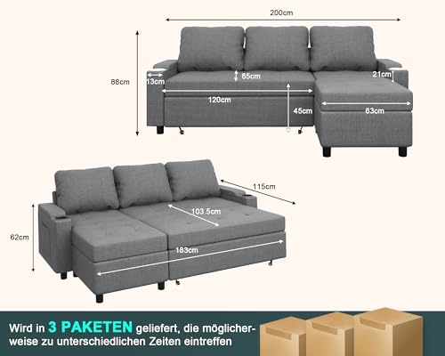 JUMMICO Schlafsofa mit Bettkasten L Form Sofa mit Schlaffunktion 3 Sitzer Couch klein Ecksofa Schlafcouch Ausziehbar Wohnlandschaft für Wohnung und Wohnzimmer Hellgrau
