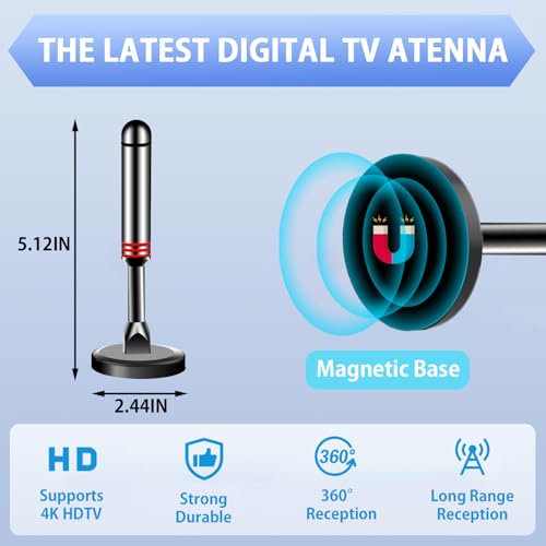 Image of Digital TV Antenna for Smart TV Indoor,TV Antenna with Strong Magnetic Base, 360&150 Mlies Long Range Reception HD TV Antenna for Local Channels, Easy Installation Antenna for 9.7FT Cable