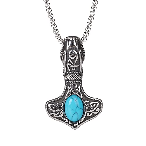 Viking Thor Hammer Necklace - Norse Mjolnir Pendant with Turquoise - Celtic Pagan Amulet
