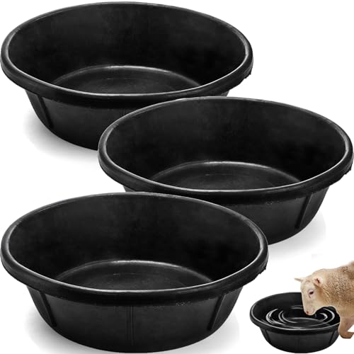 Cididu 3 Pack Rubber Feed Pan 8 Quart Large Horse Feed Bucket Heavy Duty Rubber Water Bowl for Livestock Stackable Chicken Dust Bath Tub for Pig Goat Dog Cat Farm Animal Feeding 14.5 x 4.5