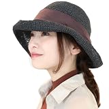 [DreamHats] [ドリームハッツ]帽子 レディース 麦わら帽子 むぎわら帽子 ハット uvカット 大きい サイズ | 夏 春 つば 広 あご紐 日焼け 麦わら 通気性 風通し 細編み 紐 ハット 風で飛ばせない Lサイズ(60cm),ブラック×ブラウン