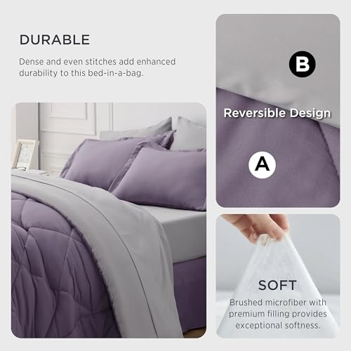 Image of Bedsure Twin XL Comforter - 5 Pieces Reversible Grayish Purple Bed in a Bag, Twin XL Bedding Comforter Set College Dorm Essentials with 1 Flat Sheet, 1 Fitted Sheet, 1 Pillowcase and 1 Pillow Sham