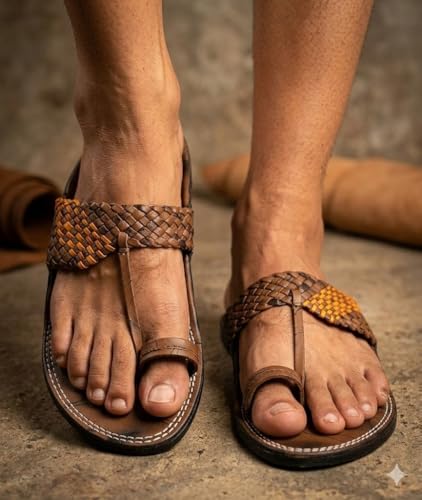 Image of Men's Brown Kolhapuri Chappal - Genuine Leather Ethnic Slippers for Men | Traditional Gents Chappal | Original Leather Slippers for Men